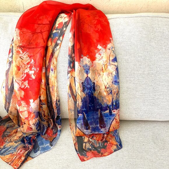 Autumn Red/Orange "Chiffon" Rectangular Scarf/Shawl (42 X 74) - Picture 2 of 14